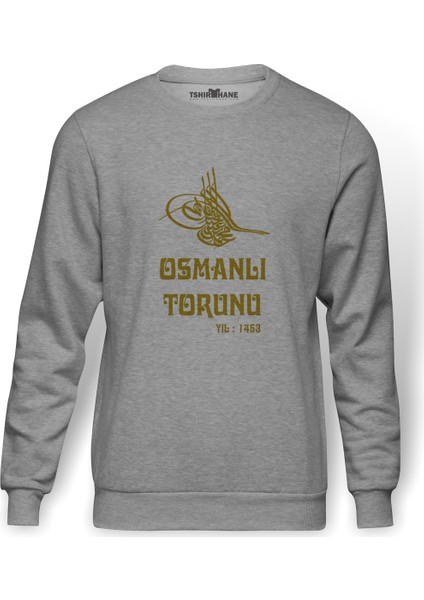 OSMANLI TORUNU TUGRA 1453 Baskılı Gri Melanj Erkek Örme Sweatshirt Uzun kol