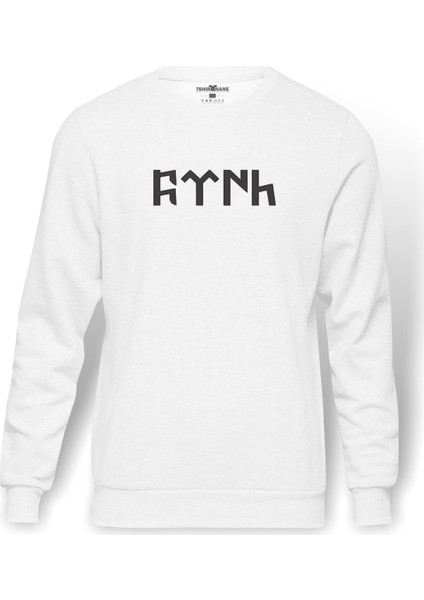 Göktürk Türk Baskılı Beyaz Erkek Örme Sweatshirt Uzun kol