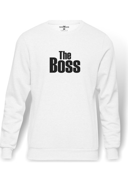 The Boss Baskılı Beyaz Erkek Örme Sweatshirt Uzun kol