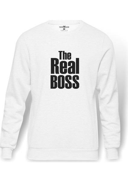 The Real Boss Baskılı Beyaz Erkek Örme Sweatshirt Uzun kol