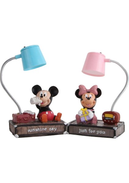 Mickey Mouse ve Minnie Mouse Mavi Pembe Işıklı Masa Gece Lambası Biblo Hediye Seti
