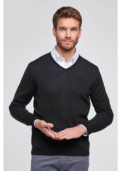 V Yaka Siyah Merino Yün Triko