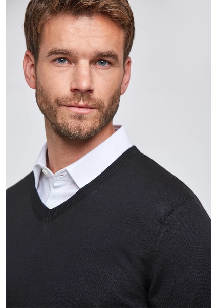 V Yaka Siyah Merino Yün Triko indirimleri