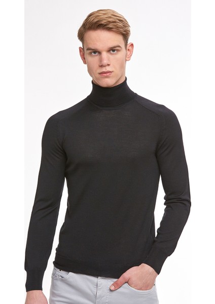 Boğazlı Slim Fit Siyah Merino Yün Triko