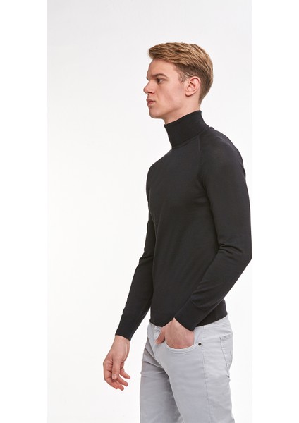 Boğazlı Slim Fit Siyah Merino Yün Triko fırsatları