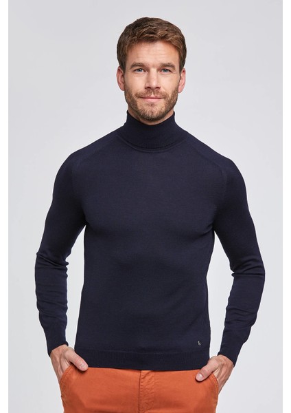 Boğazlı Slim Fit Lacivert Merino Yün Triko