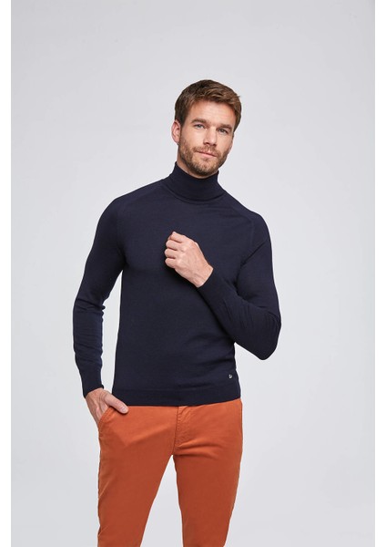 Boğazlı Slim Fit Lacivert Merino Yün Triko fırsatları