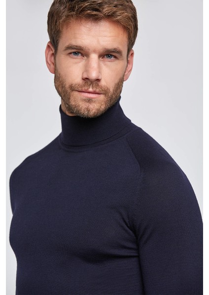 Boğazlı Slim Fit Lacivert Merino Yün Triko indirimleri