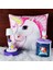 Gökkuşağı Unicorn Kumbara Unicorn Işıklı Biblo Masa Gece Lambası Puf Yastık Hediye Seti 1