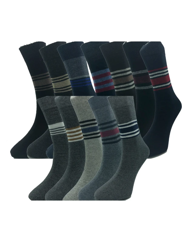 Çekmece 12'li Ekonomik 4 Mevsim Erkek Sıkmayan Karışık Renk Çizgili Soket Çorap