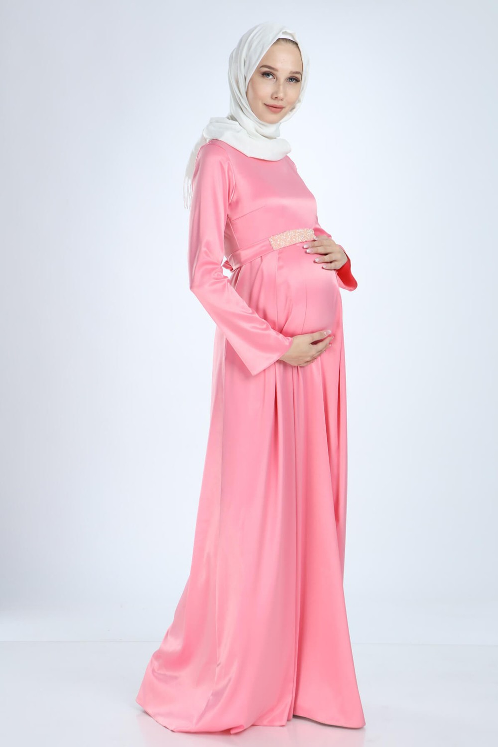 Moda Labio Saten Tesettür Incili Pembe Hamile Elbise