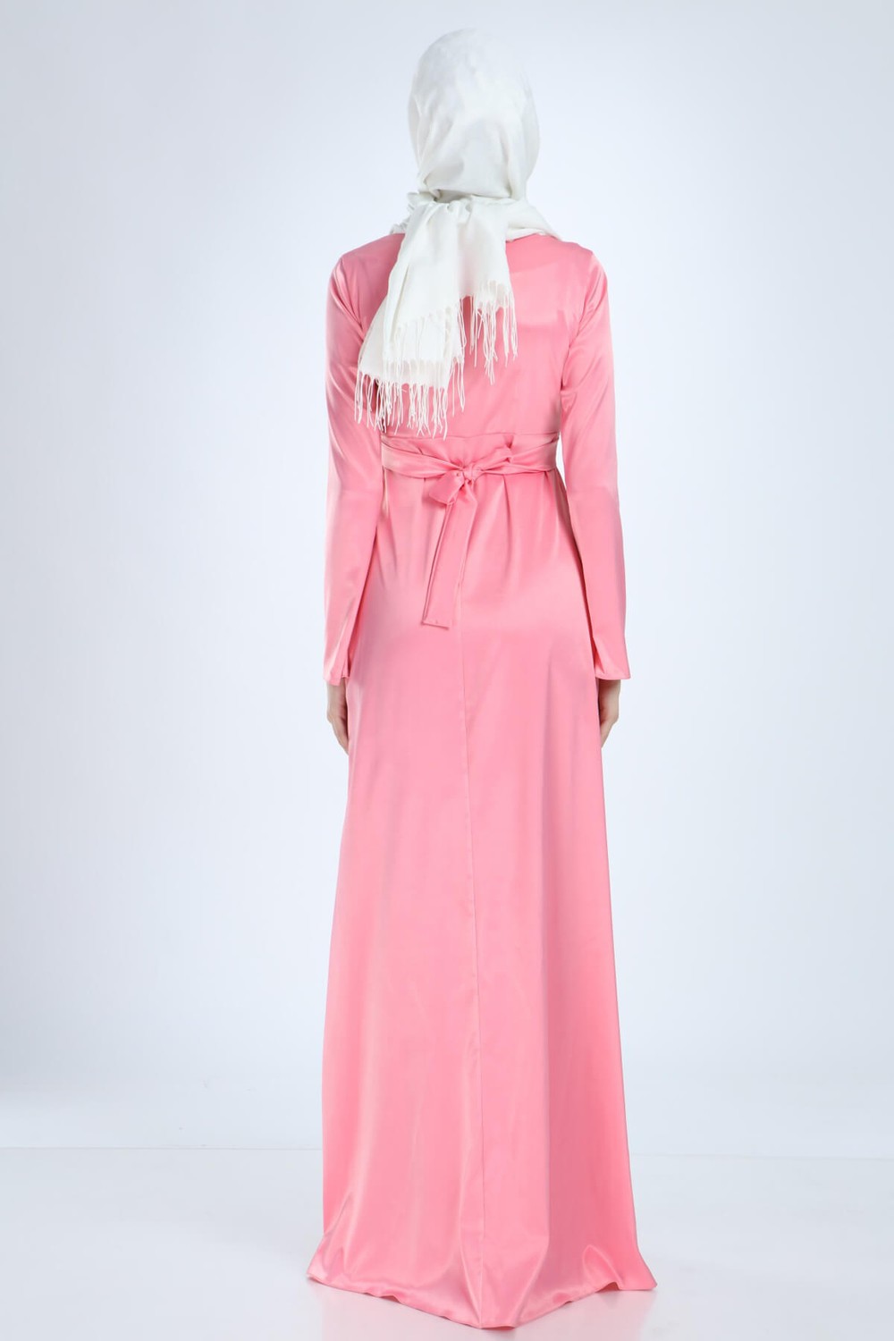 Moda Labio Saten Tesettür Incili Pembe Hamile Elbise görsel 3