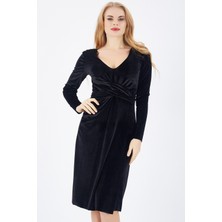 Sense Ön Kruvaze Uzun Kol Kadife Elbise | ELB32410