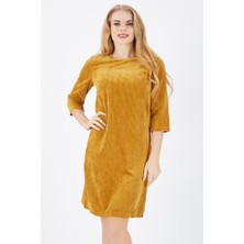 Sense Sırtı 40 Cm.gizli Fermuarlı Truvakar Kol Kadife Elbise | ELB32565 Hardal