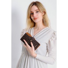 Just Polo Kahverengi-Taba Kadın Baskı Desenli Kilit Detaylı Kartlık Cüzdan JP009