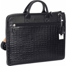 Aka Deri Siyah Timsah Desenli - Deri Evrak Çantası 241