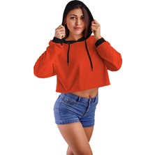 Acr Giyim Koyu Turuncu Kapüşonlu Crop Top Kadın Sweatshirt - 2 Iplik