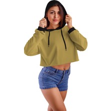 Acr Giyim Açık Kahve Kapüşonlu Crop Top Kadın Sweatshirt - 2 Iplik