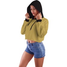 Acr Giyim Açık Kahve Kapüşonlu Crop Top Kadın Sweatshirt - 2 Iplik