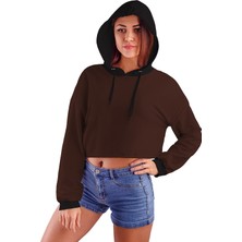 Acr Giyim Koyu Kahve Kapüşonlu Crop Top Kadın Sweatshirt - 2 Iplik