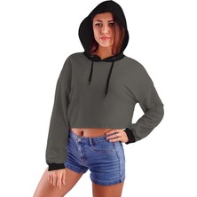 Acr Giyim Füme Kapüşonlu Crop Top Kadın Sweatshirt - 2 Iplik