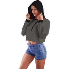 Acr Giyim Füme Kapüşonlu Crop Top Kadın Sweatshirt - 2 Iplik