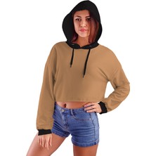 Acr Giyim Sütlü Kahve Kapüşonlu Crop Top Kadın Sweatshirt - 2 Iplik