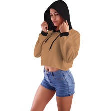 Acr Giyim Sütlü Kahve Kapüşonlu Crop Top Kadın Sweatshirt - 2 Iplik