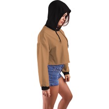 Acr Giyim Sütlü Kahve Kapüşonlu Crop Top Kadın Sweatshirt - 2 Iplik