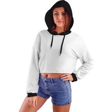 Acr Giyim Beyaz Kapüşonlu Crop Top Kadın Sweatshirt - 2 Iplik