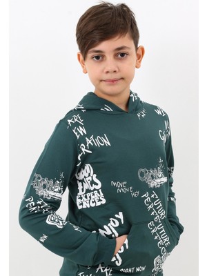 Enisena Yeşil Çocuk Erkek Kapşonlu Pano Baskılı Sweatshirt