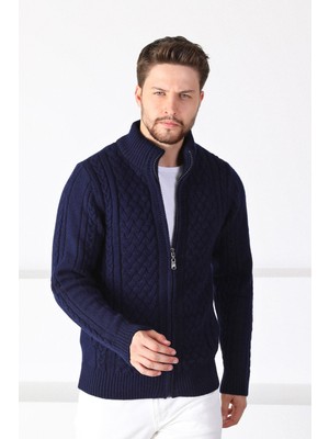 Ferraro Lacivert Fermuarlı Kalın Yün Erkek Triko Hırka