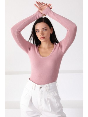 Ferraro Pembe Kare Yaka Uzun Kol Kadın Triko Kazak