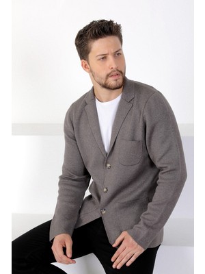 Ferraro Üç Düğmeli Ince Pamuk Triko Ceket - Kahve Melanj