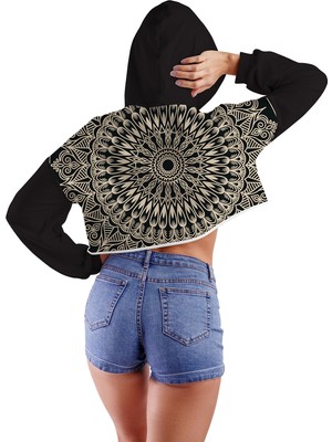 Acr Giyim Mandala Mod 01 Ön ve Arka Baskılı Kapüşonlu Crop Top Kadın Sweatshirt - 2 Iplik