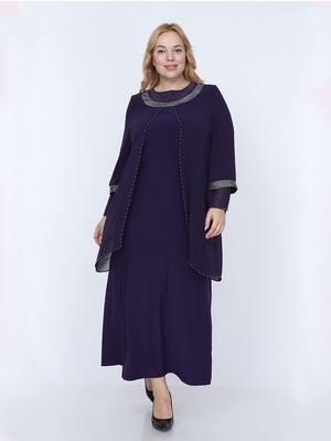 Perya Sim ve Taş Işlemeli Şifon Abiye Elbise Mor Kadın Giyim