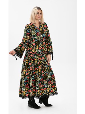 Eliş Şile Bezi Uzun Kol Seçil Pazen Uzun Sonbahar ve Kışlık Elbise Bahar Desen Siyah Syh