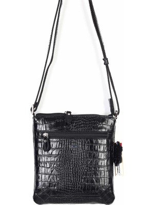 Akaderi Siyah Timsah Desenli - Omuzdan Askılı Deri Çanta 317