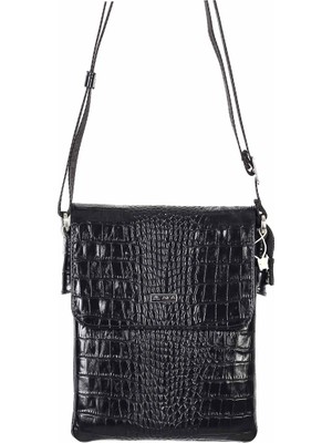 Akaderi Siyah Timsah Desenli - Omuzdan Askılı Deri Çanta 322