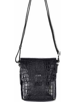 Akaderi Siyah Timsah Desenli - Omuzdan Askılı Deri Çanta 321