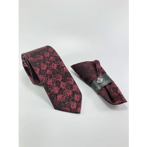 Siyah Bordo Desen  Mendilli Kravat