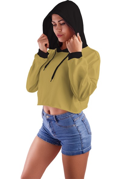 Acr Giyim Açık Kahve Kapüşonlu Crop Top Kadın Sweatshirt - 2 Iplik