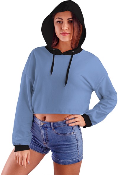 Acr Giyim Bebe Mavisi Kapüşonlu Crop Top Kadın Sweatshirt - 2 Iplik