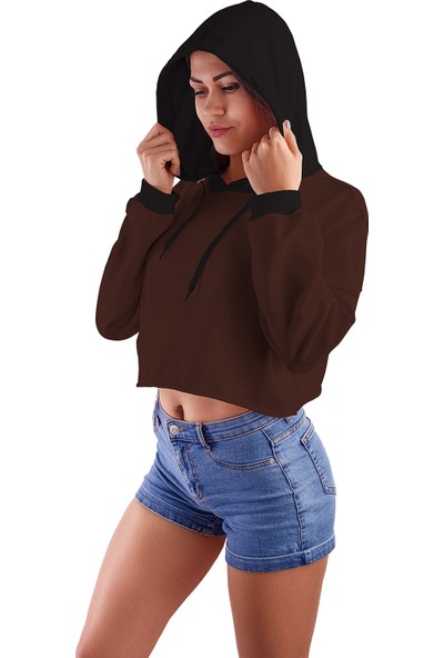 Acr Giyim Koyu Kahve Kapüşonlu Crop Top Kadın Sweatshirt - 2 Iplik