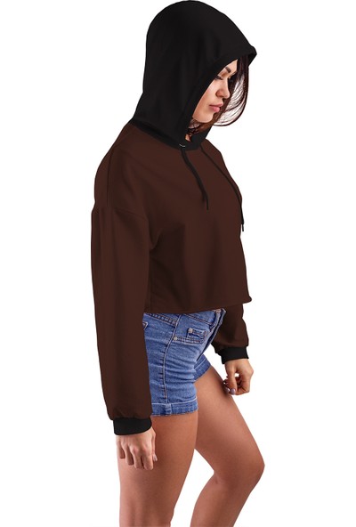 Acr Giyim Koyu Kahve Kapüşonlu Crop Top Kadın Sweatshirt - 2 Iplik