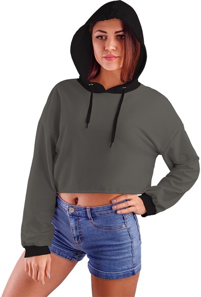 Acr Giyim Füme Kapüşonlu Crop Top Kadın Sweatshirt - 2 Iplik