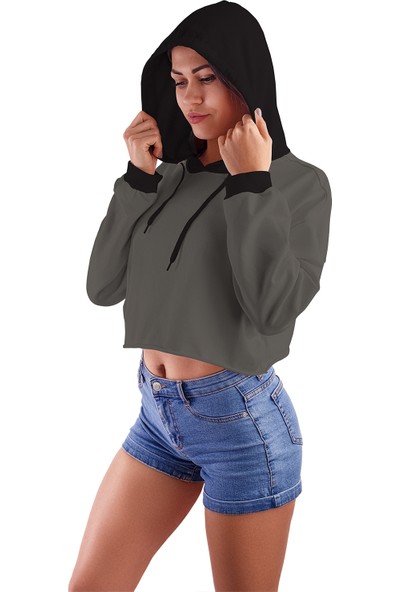Acr Giyim Füme Kapüşonlu Crop Top Kadın Sweatshirt - 2 Iplik