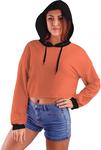 Acr Giyim Yavruağzı Kapüşonlu Crop Top Kadın Sweatshirt - 2 Iplik