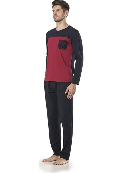 5440 Bordo Bisiklet Yaka Uzun Kollu Penye Erkek Pijama Takımı
