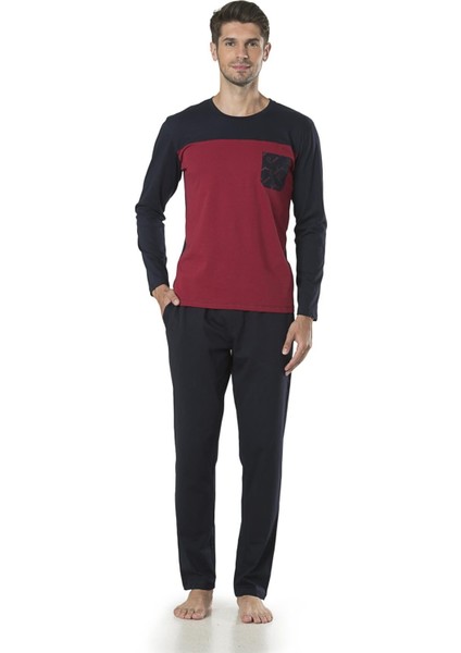 5440 Bordo Bisiklet Yaka Uzun Kollu Penye Erkek Pijama Takımı